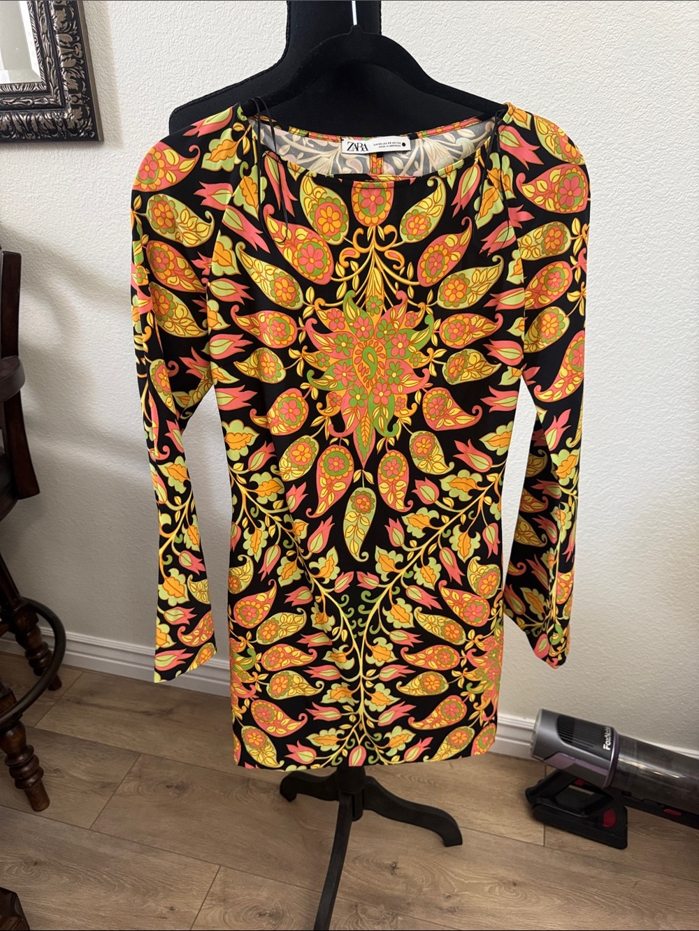Zara Black Dress with Yellow and Pink Paisley Medallion Print